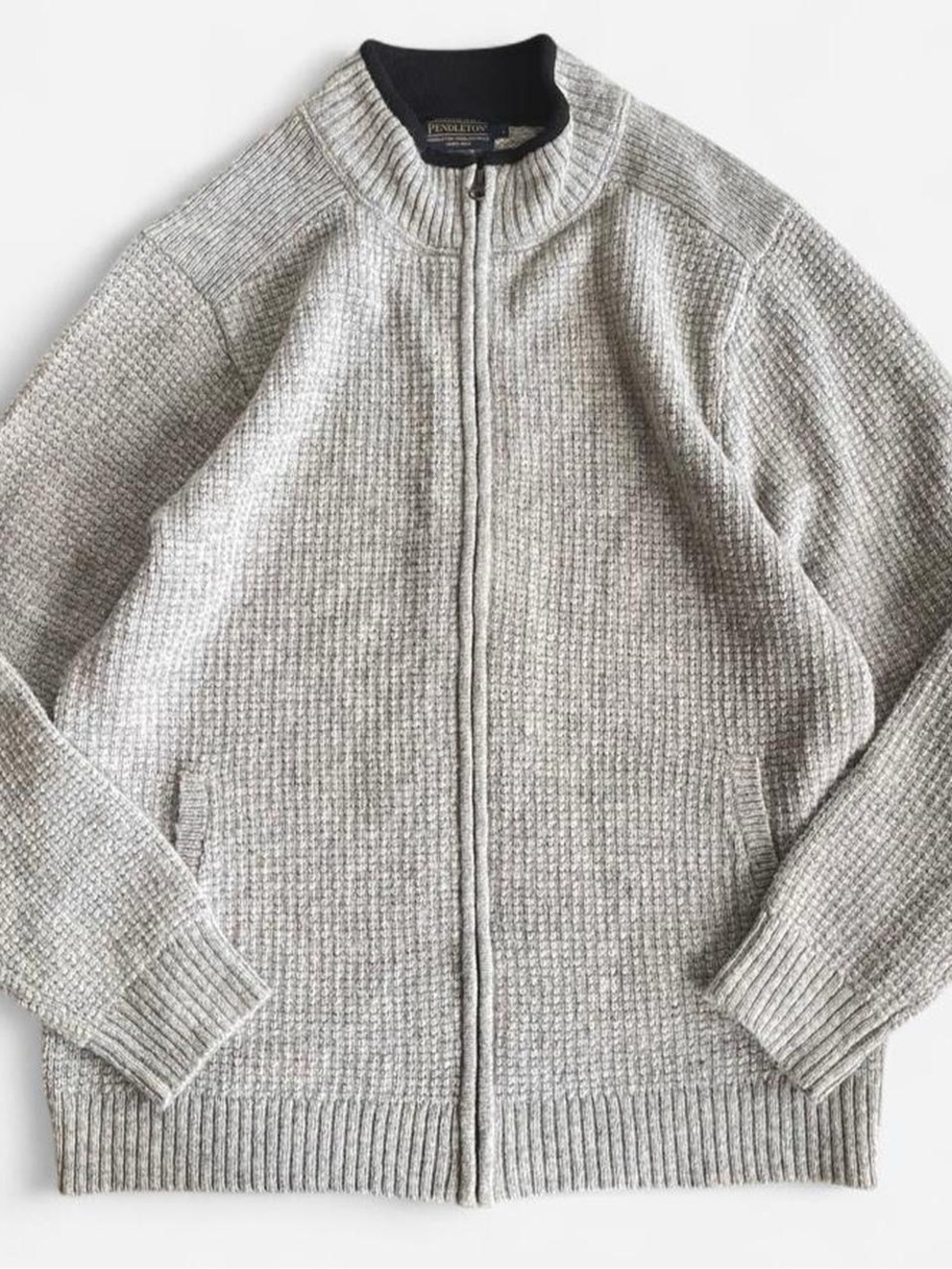 Pendleton Gray Washable Wool Waffle Knit Full Zip Cardigan Sweater L